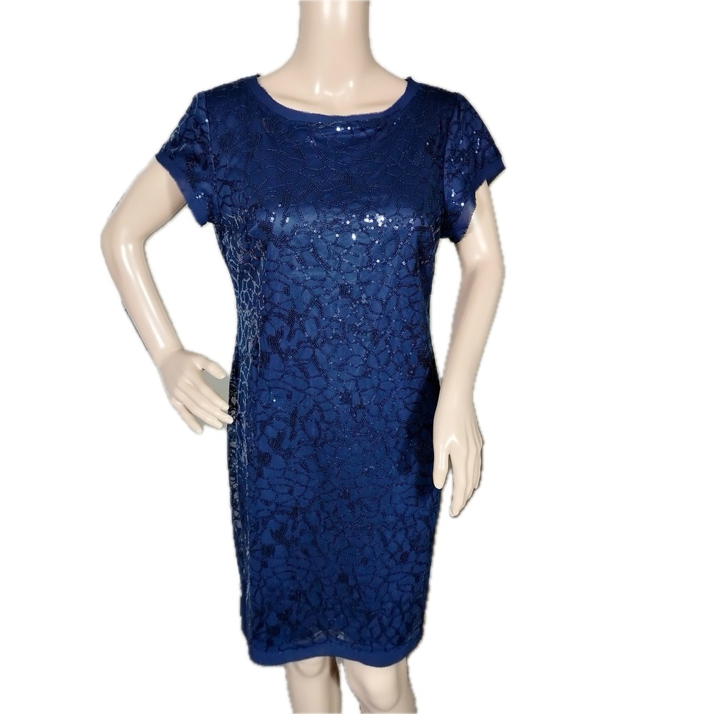 Vince Camuto Dress Womens Size 10 Navy Blue Sequin Short Sleeve‎ Cocktail Party